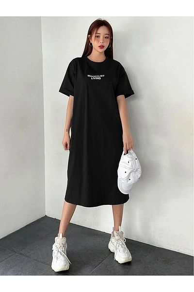 npLStore Women's Minimalist Printed T-Shirt Crew Neck Dress/Tunic