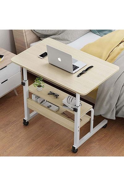 huitich Multi-Tier Laptop Desk with Smooth and Lockable Wheels for Multi-Purpose White Maple