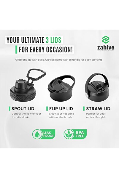 Zahive Stainless Steel Water Bottle 1L - Insulated Double Wall Thermos with 3 Lids & Bag (Army Green