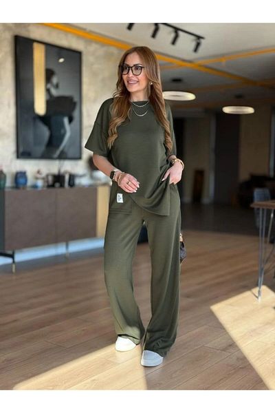 Viyamo Women's Short Sleeve Crew Neck Asymmetrical Viscose Two Thread Blouse and Trousers Double Suit