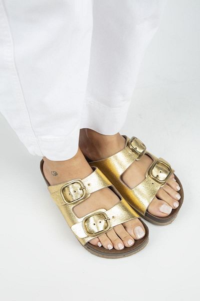 Manijero Jazmin Women's Genuine Leather Double Buckle Gold Slippers