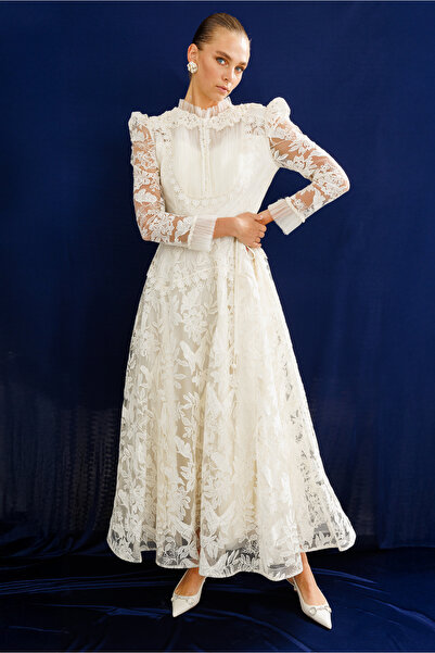 Nefeli Omuz İşleme Detaylı Dantel Elbise