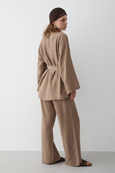 Laluvia Tej kávé pamut kimonó bő szárú nadrág szett
