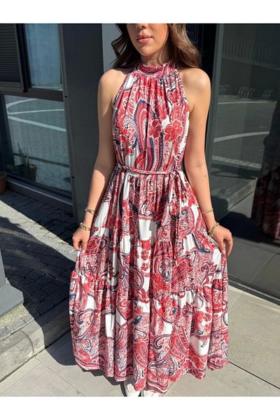 VİVALETTA Women's Halter Neck Off-The-Shoulder Belted Maxi Length Patterned Single Jersey Dress