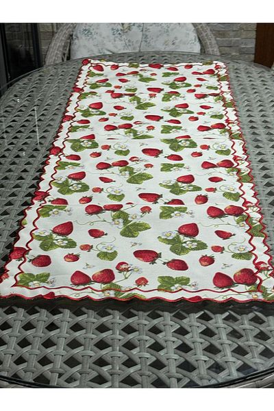 İNCİ ÇEYİZ 1 Piece Strawberry Patterned Double Wrap Embroidered Runner Garden Balcony Decoration on Linen
