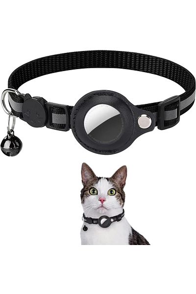 NO BRAND Adjustable cat collar, anti-lost, traceable, reflective, with bell, black