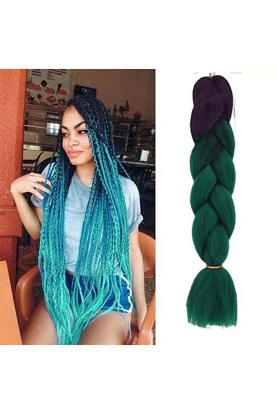 WNY Extensii de păr sintetic colorate pentru împletitură, culoare Ombre, negru/verde închis, 105g, 63cm