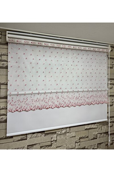 PERDECİNİZ KIRMIZI RENK ÇİÇEK DESENLİ ÇİFTLİ SİSTEM TÜL STOR PERDE ALÜMİNYUM KASA ENXBOY (Etekli)