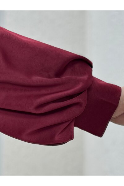 Mihra Yeleria Chest Drawstring Detailed Satin Evening Dress-Pa9365 Burgundy