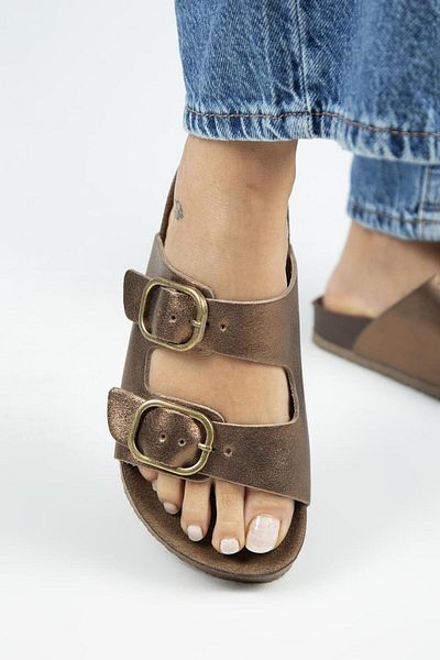 Manijero Jazmin Women's Genuine Leather Double Buckle Copper Slippers