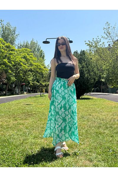 sielta Fusta lungă verde cu model asimetric cu talie elastică pentru femei