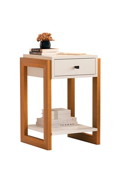 JB Moviecs Bedroom side table with drawer, natural wood color and white