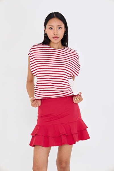 TIFFANY&TOMATO Düğme Detaylı Çizgili Sıfır Kol Bluz - Kırmızı