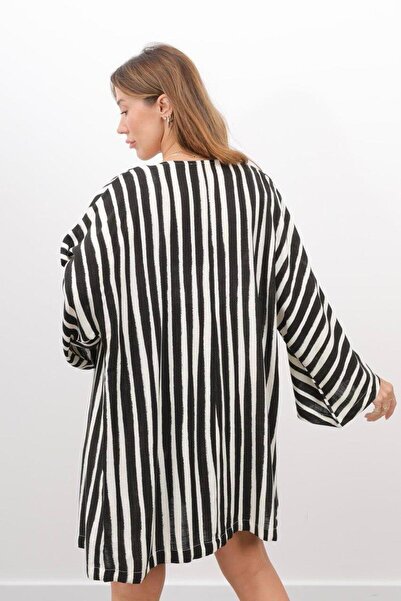 Maldia Shop Women's Lino Striped Black Linen Kimono Set