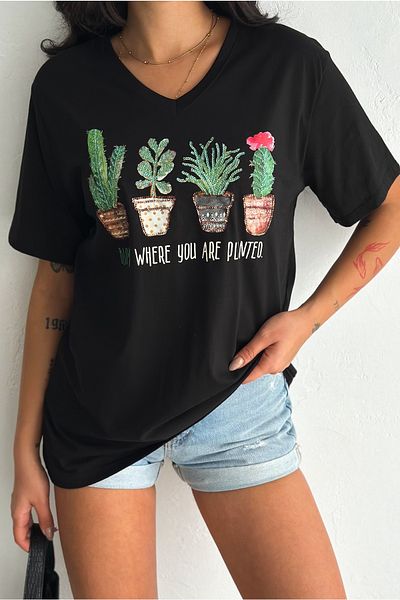 FEMELLE Women's Black 100% Cotton Plus Size T-Shirt V-Neck Cactus Sequins Embroidered