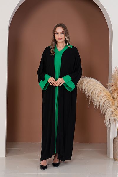 EL jadida Women's Embroidered Garnished Plus Size Viscose Long Dress Black Green