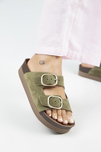 Manijero Alexa Women's Leather Genuine Leather Double Buckle Platform Khaki Slippers