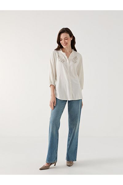LC Waikiki Women's Blouse with Floral Linen Blend with Skirt Collar