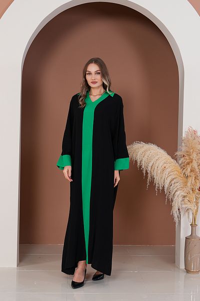 EL jadida Women's Embroidered Garnished Plus Size Viscose Long Dress Black Green