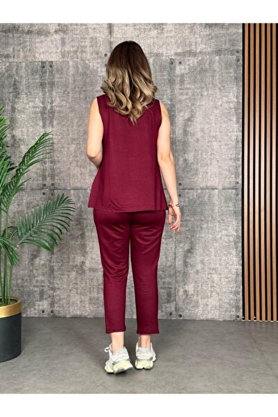 MODA Eyesof Women's Strappy Round Neck Viscose Two Thread Blouse and Sweatpants Double Suit