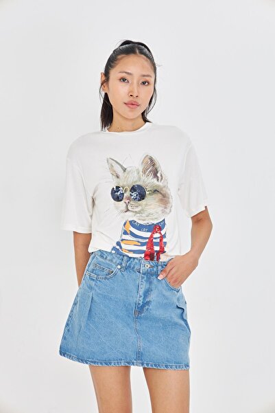 TIFFANY&TOMATO Pullu Gözlüklü Kedi Baskılı T-Shirt