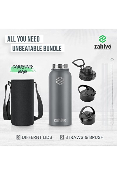 Generic Zahive Stainless Steel Water Bottle 1l with 3 Lids & Bag - Insulated Water Bottle with Straw