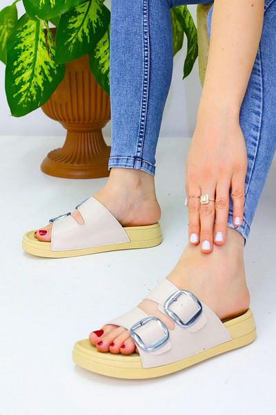 Weynes Κρεμ γυναικείες 2 ζώνες Flat Daily Slippers WSB2032