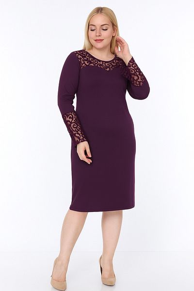 sharin Women's Plus Size Purple Midi Length Crew Neck Flocked Dress 12m-2333