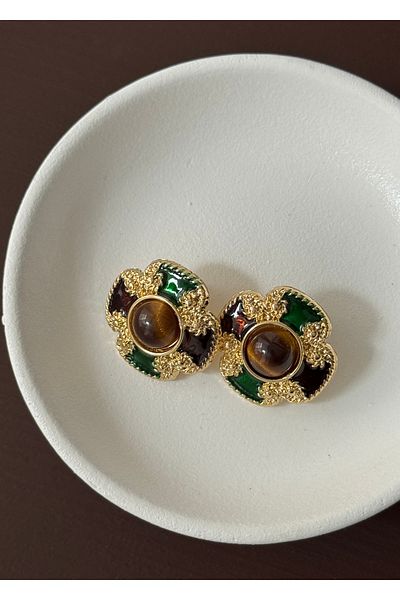 KİLİGİSTANBUL Coffee Eye Gold Earrings 3 cm Length