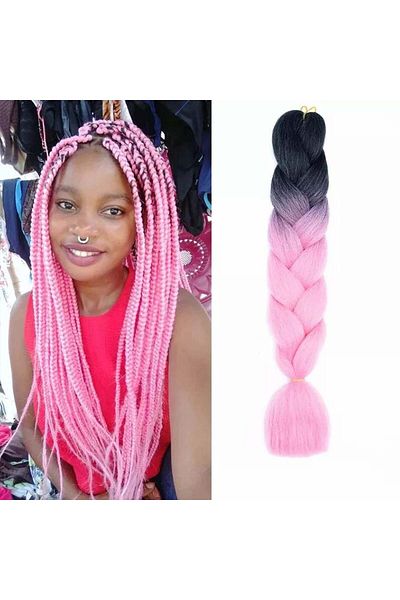 WNY Extensii de păr sintetic pentru împletituri, culoare ombré, negru/roz pastel, 105g, 63cm
