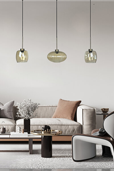 Bamyum Üçlü Lunex Cam Bal Rengi Avize İnce Eskitme Başlık Sarkıt Yemek Masası Üstü Iç Mekan Cafe Otel