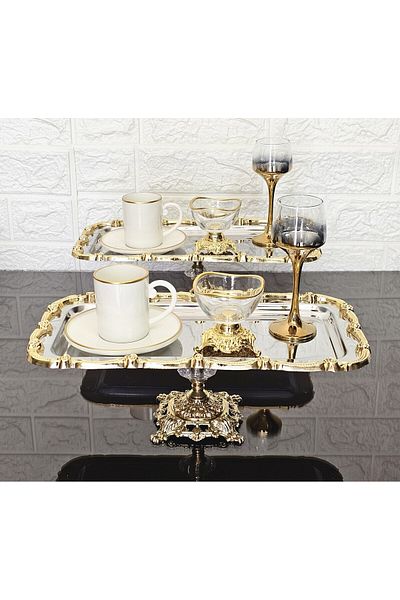 atabey home collection 1 قطعة صينية تقديم فضية اللون بإطار ذهبي وردي وصينية القهوة والشاي 32 سم
