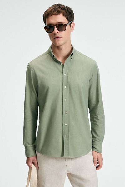 GRIMELANGE Perttu Men's 100% Cotton Slim Fit Slim Fit Button Collar Linen Look Flared Khaki Shirt