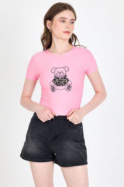 Rays Tricou crop slim cu imprimeu leopard cu ursuleț roz 0549