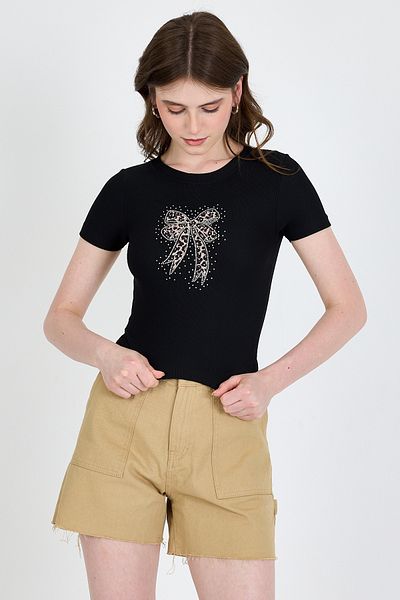 Rays Tricou negru cu imprimeu leopard cu fundă cu detalii de piatră, slim fit, 0549-1