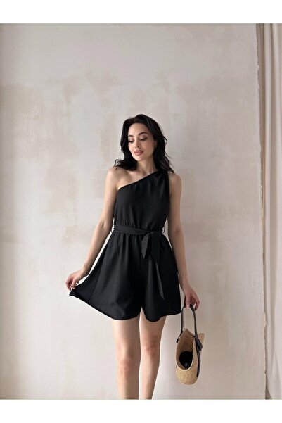 popibutik Kadın Tek Omuz Kuşaklı Mini Tulum