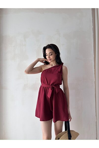 popibutik Kadın Tek Omuz Kuşaklı Mini Tulum