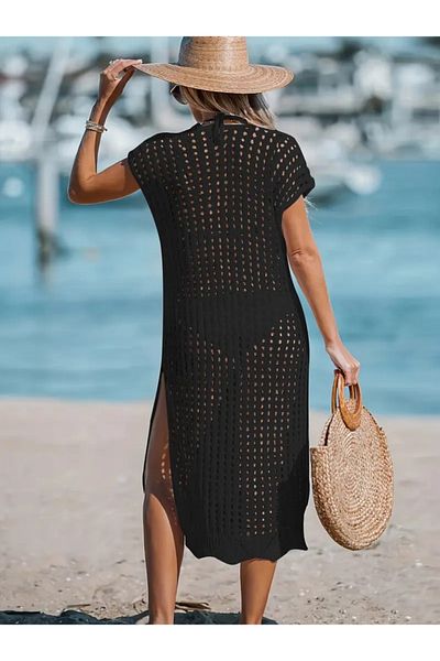 Omarı Women's Zero Sleeve V Neck Side Deep Slit Midi Length Knitwear Dress