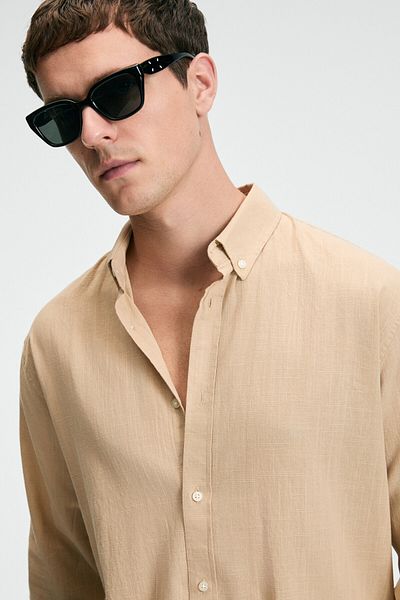 GRIMELANGE Perttu Men's 100% Cotton Slim Fit Slim Fit Button Collar Linen Look Flared Beige Shirt