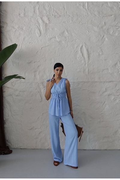 Lotus Stylish Linen Blouse-Pants Two-Piece Set with Shoulder and Waist Tie Detail