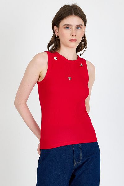 Rays Red Pearl Stone Detailed Halter Neck Ribbed Undershirt 0649