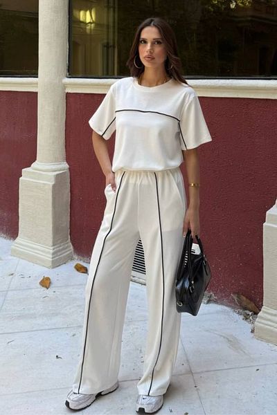 Ded COLLECTION Women's Slim Piping Detailed Short Sleeve Top Wide Leg Pants Modal Comfortable Two-Piece Suit