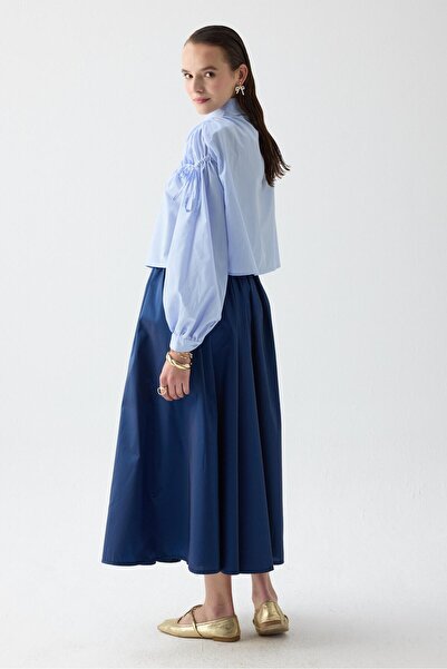 QALVE Büzgülü Kısa Gömlek Mavi