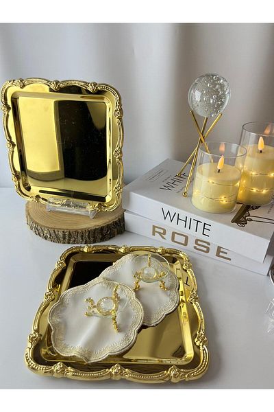 Moon Dizayn 6-Person Presentation Set Presentation Napkin Turkish Delight Bowl Gold Tray Casting Gold Rose Frame