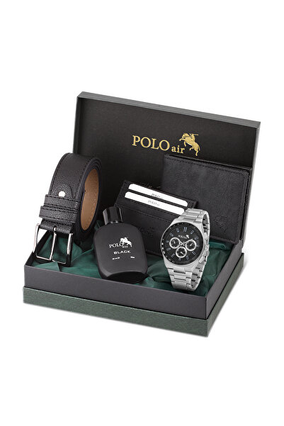 Polo Air Erkek Kol Saati Cüzdan Kemer Kartlık Parfüm Kombin Set Gümüş Siyah Renk PL-0990E3