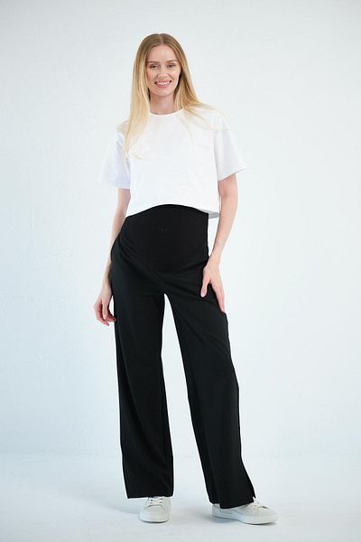 BUSA Maternity Stretchy Tummy Band Adjustable Waist Slit Trousers Black