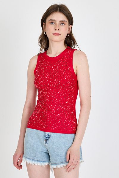 Rays Red Stone Embroidery Detailed Halter Neck Knitted Tank Top 0349