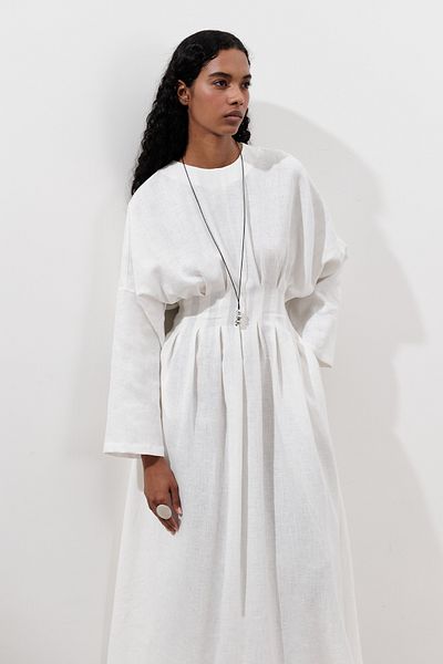 Manuka Linen Pile Detail Dress Ecru