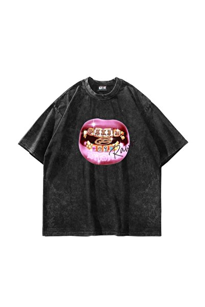 Bak Moda Tricou negru lavabil unisex oversize cu imprimeu Rawr Teeth