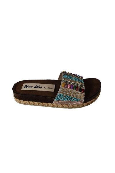 Yaz Kış Ayakkabı Yazkiş Women's Black Gold Beaded Stone 4cm Thick Sole Wrap Cork Sole Slippers